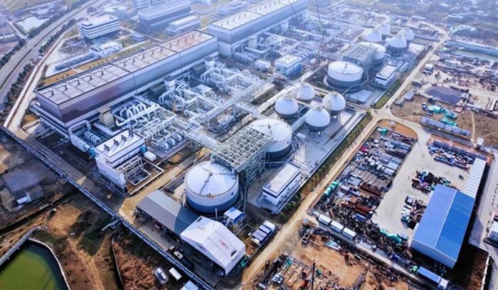 Aerial view of large industrial energy facility for an article about compressed air energy storage